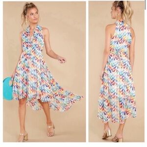 Molly Bracken Parasol Print High Low Sleeveless Flowy Colorful Dress large